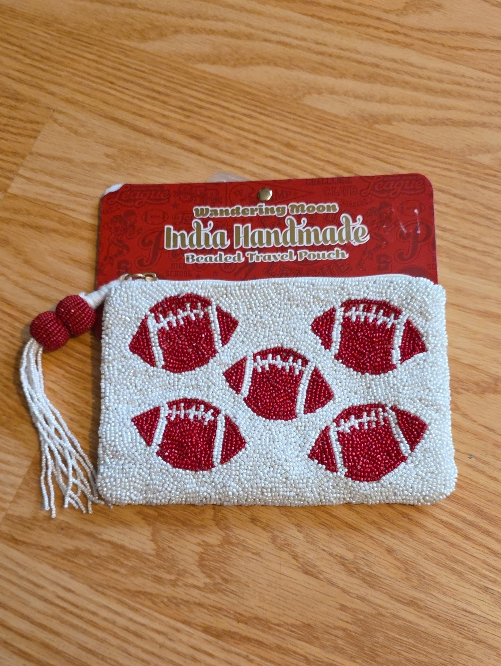 Wandering Moon India Handmade White Beaded Travel Pouch with Red Football Motif